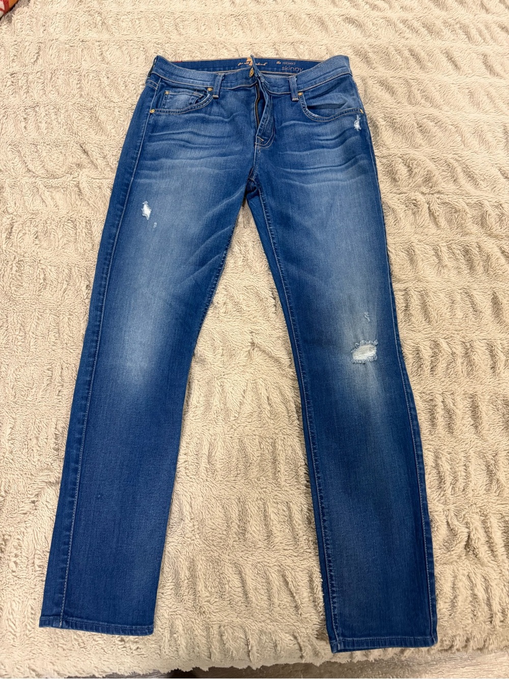 7 For All Mankind Women's Distressed Mid-Blue Skinny Jeans